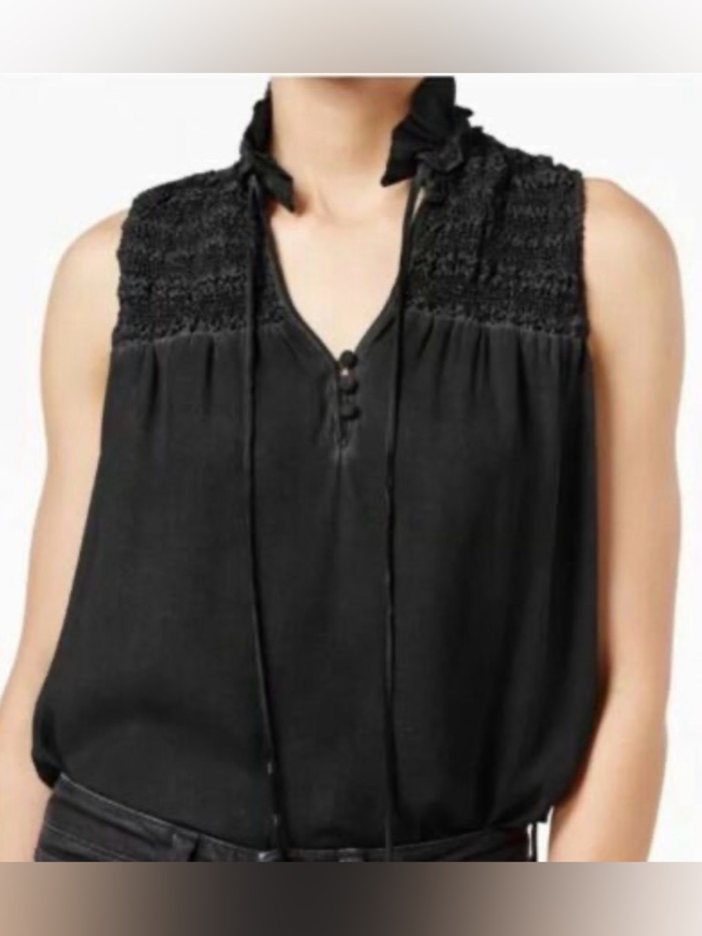Free People Black Ruffle Me Up Smocked Yoke Blouse Top Size S